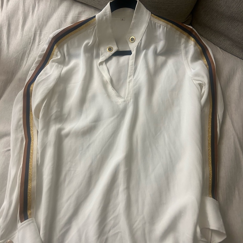 Sandro  ivory blouse Brown, Navy and Gold Shoulder Stripes